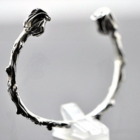 STERLING SILVER ROSE FLOWER BANGLE BRACELET - Picture 7 of 7